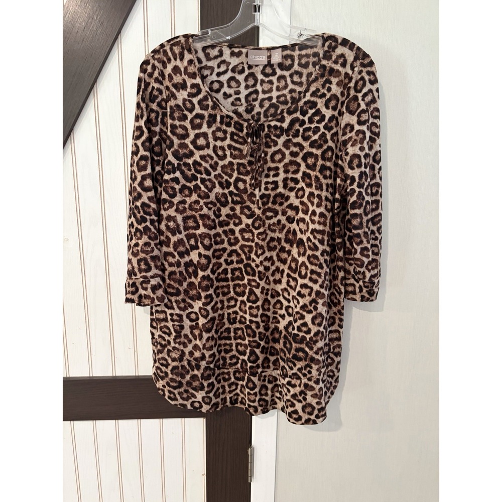 Chico's 2 Womens Large Brown Cheetah Print Nylon 3/4 Sleeve Tunic Blouse Top